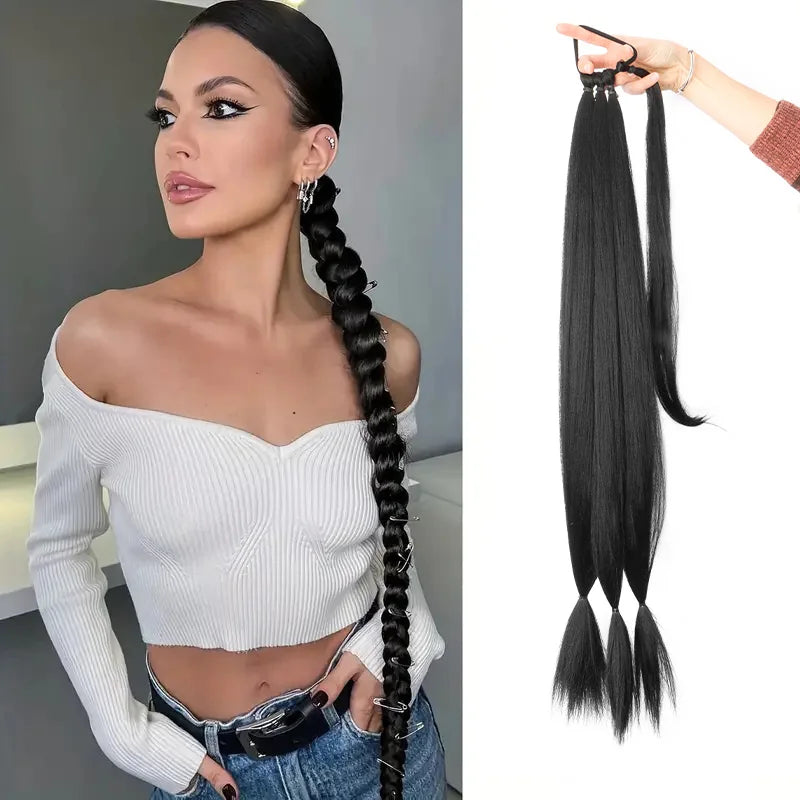 Long Straight Pre-Sectioned Braiding Ponytail Hairpiece for Women
