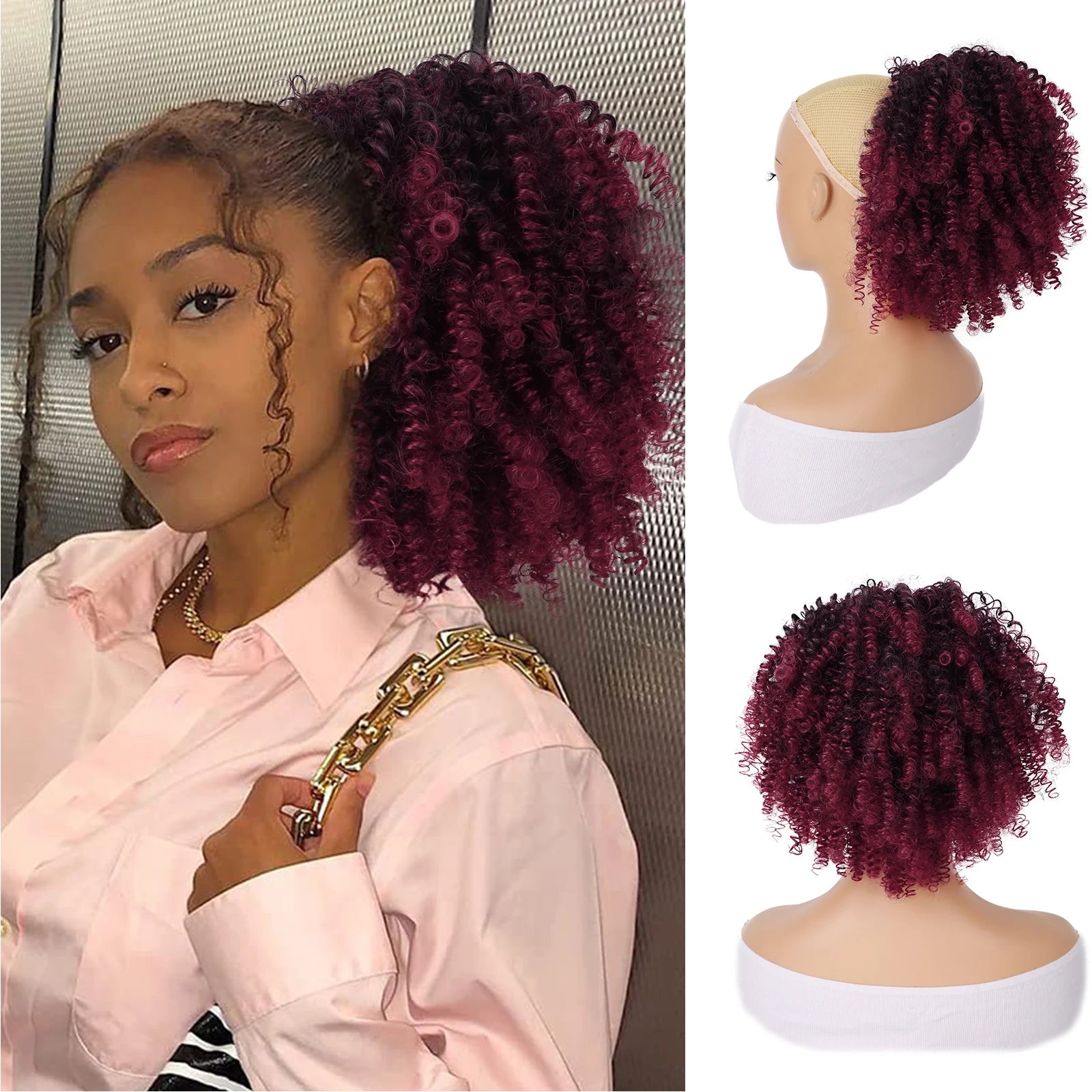 Short Kinky Curly Afro Ponytail Extension with Drawstring and Clips - 12