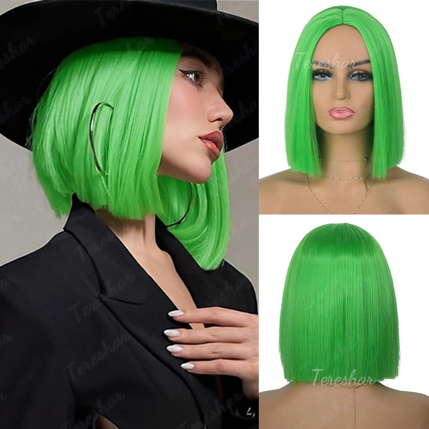 Vibrant Green Synthetic Hair Wig for Costume Parties and Holiday Events - 7