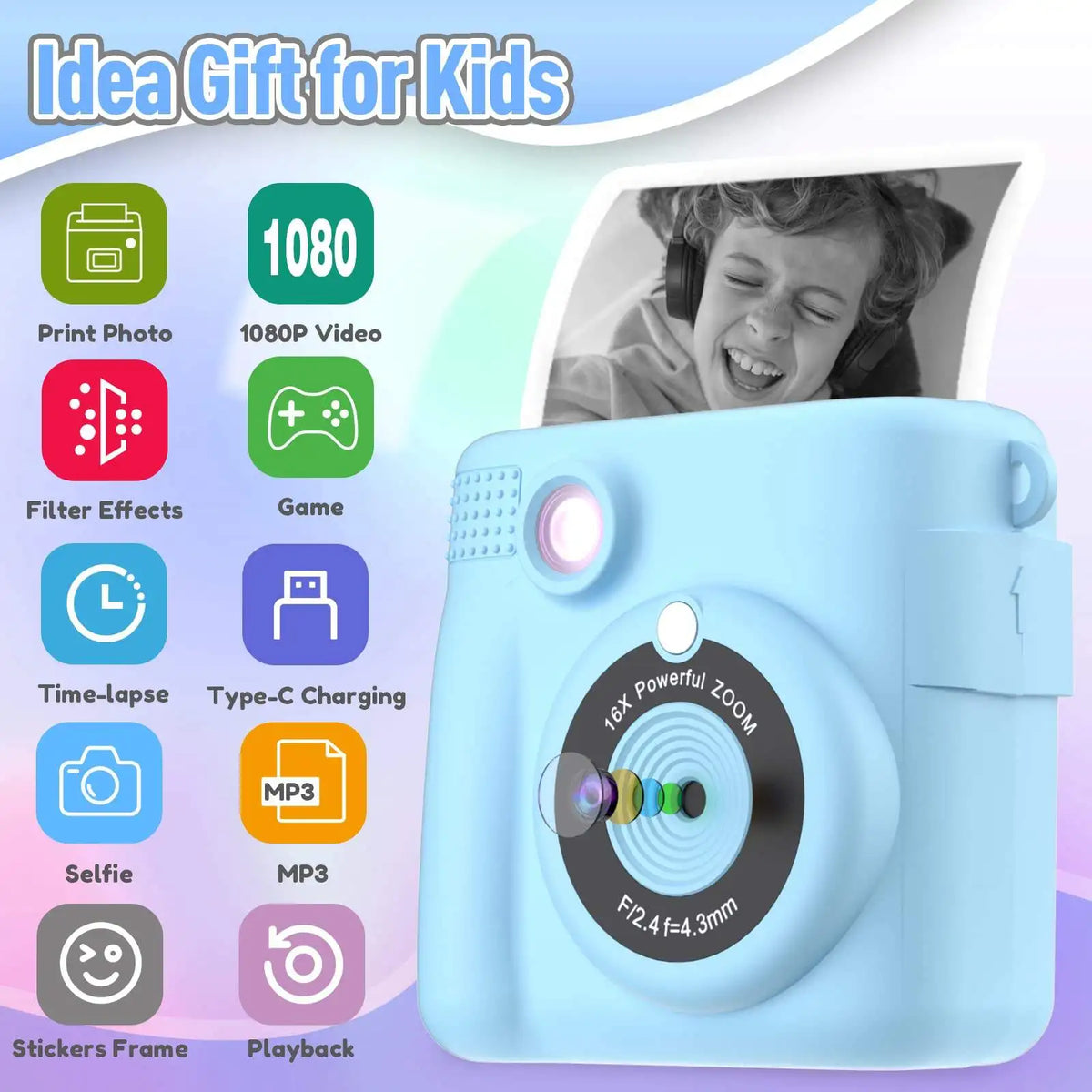 Instant Print Camera for Kids with Video Recording and Digital Zoom