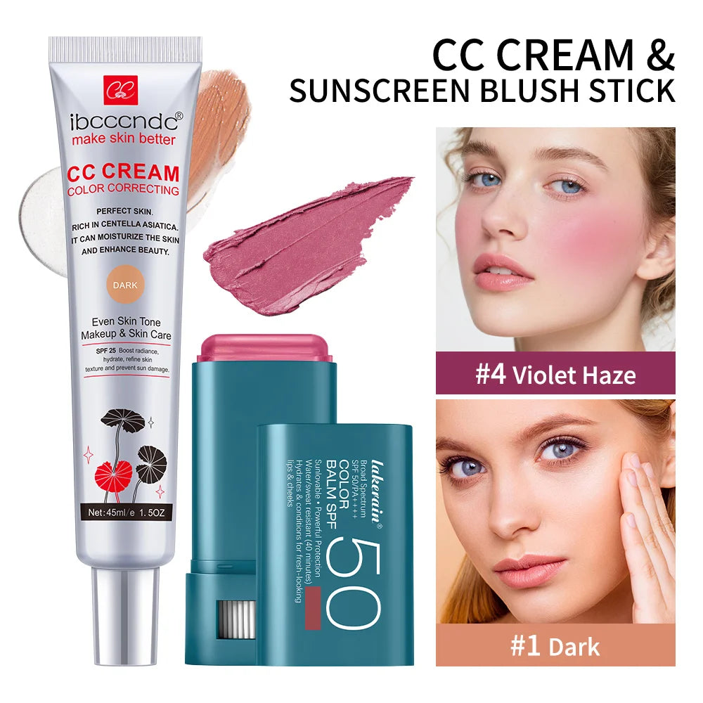 Color Correcting CC Cream and SPF 50 Sunscreen Blush Stick Makeup Set