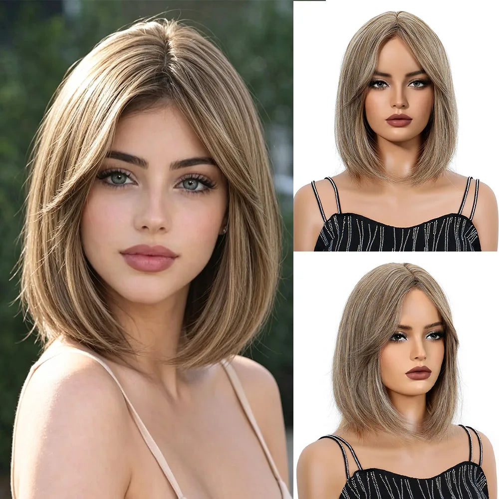 Short Straight Bob Wig with Curtain Bangs - 13