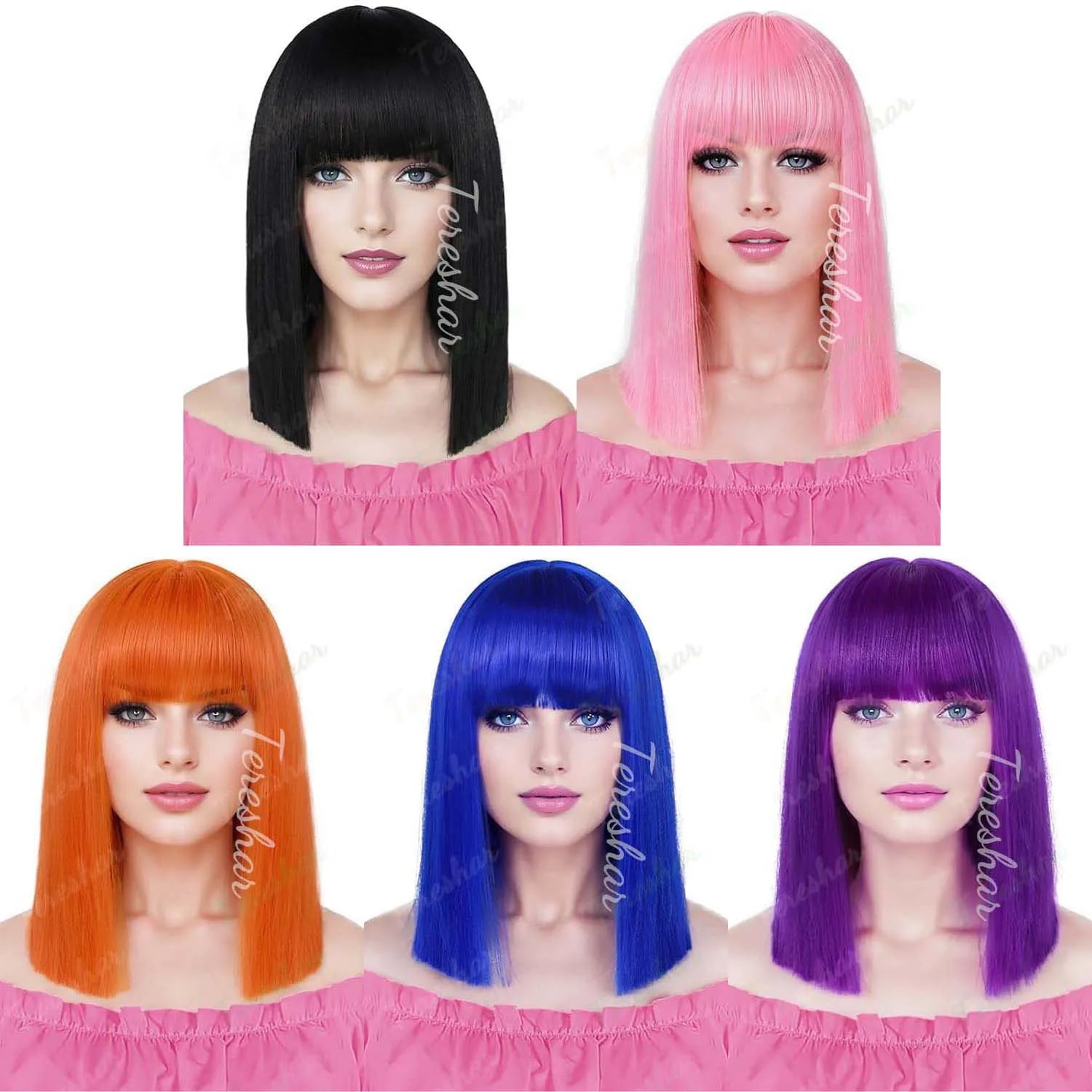 Heat Resistant Synthetic Straight Bob Wig with Bangs for Women - 9