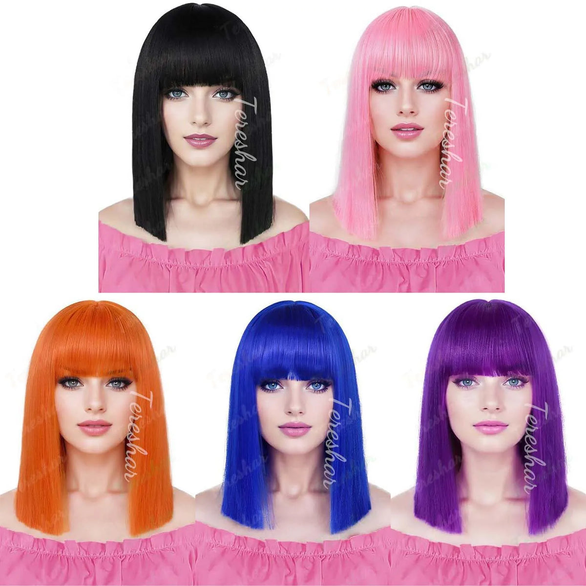 Heat Resistant Synthetic Straight Bob Wig with Bangs for Women