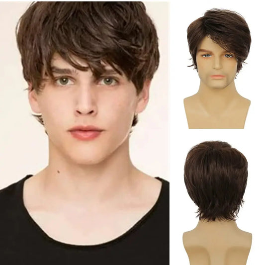 Short Brown Layered Men's Wig for Daily Wear and Cosplay