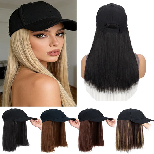 Adjustable Baseball Cap with Attached Long Straight Hair Extension