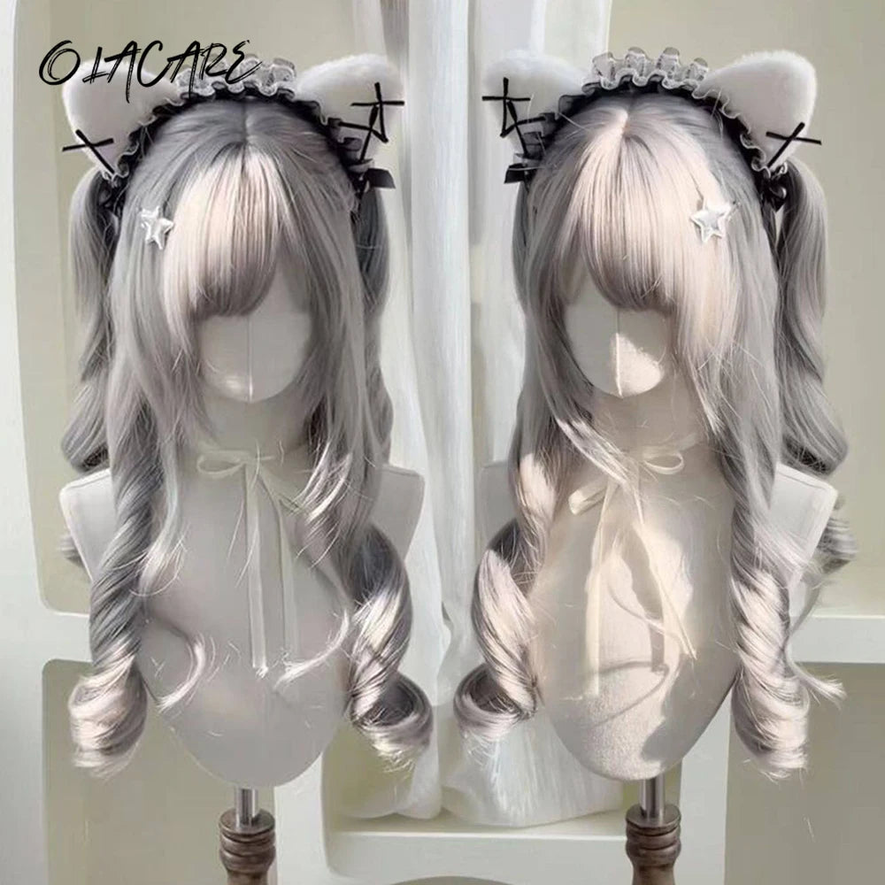 Long Wavy Silver Gray Cosplay Wig with Bangs for Women