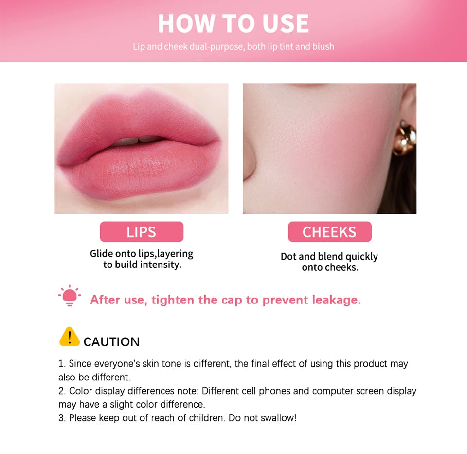 Waterproof Moisturizing Lip Tint and Liquid Blush for All-Day Wear