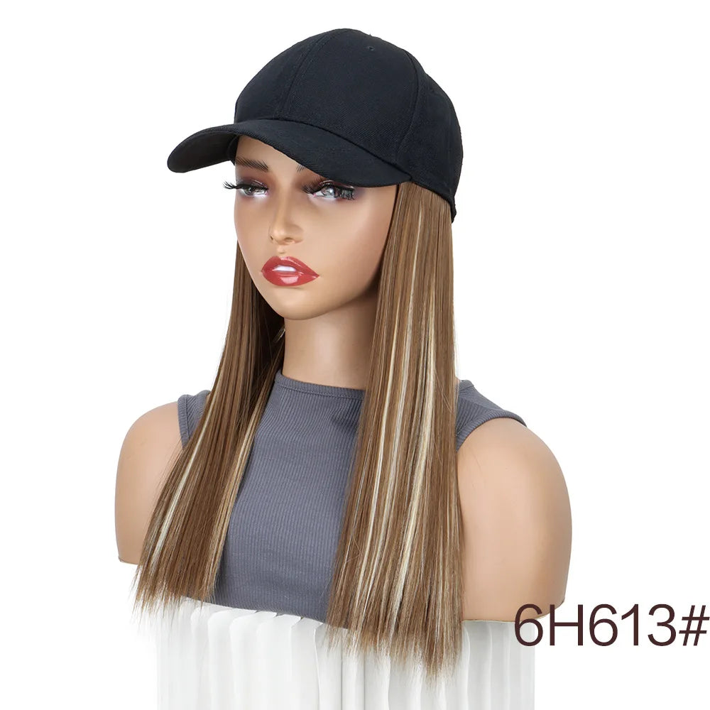 Adjustable Baseball Cap with Attached Long Straight Hair Extension - 14