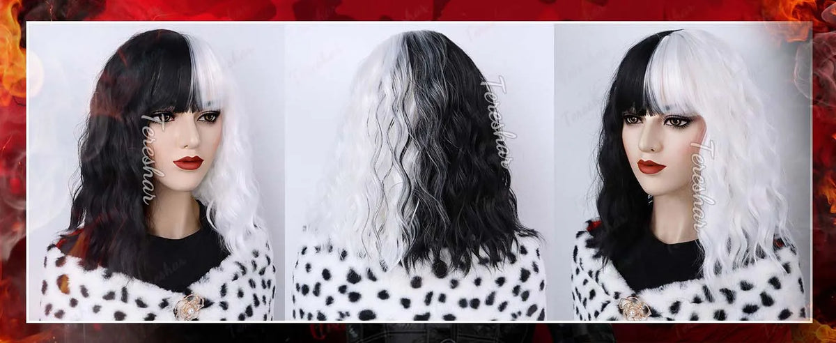 Black and White Wavy Cosplay Wig Set with Dalmatian Shawl and Accessories