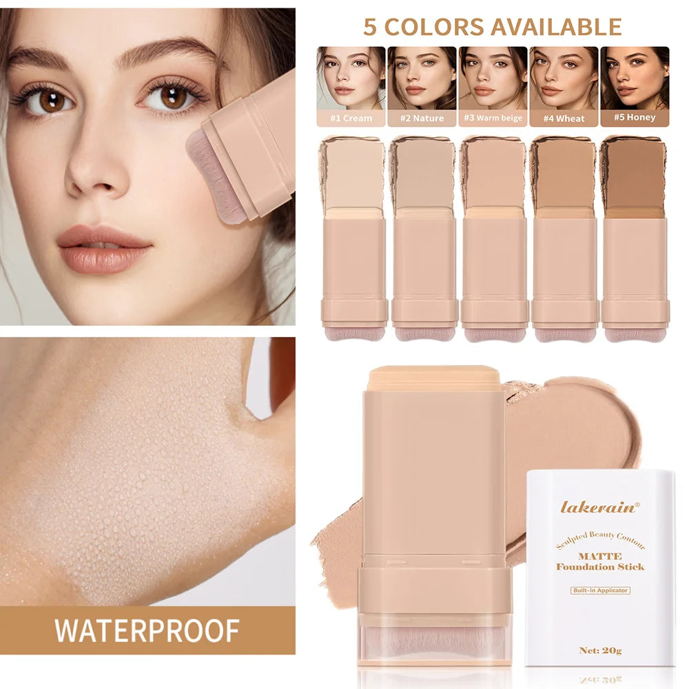 Matte Foundation Stick with Built-in Blending Brush for Flawless Coverage