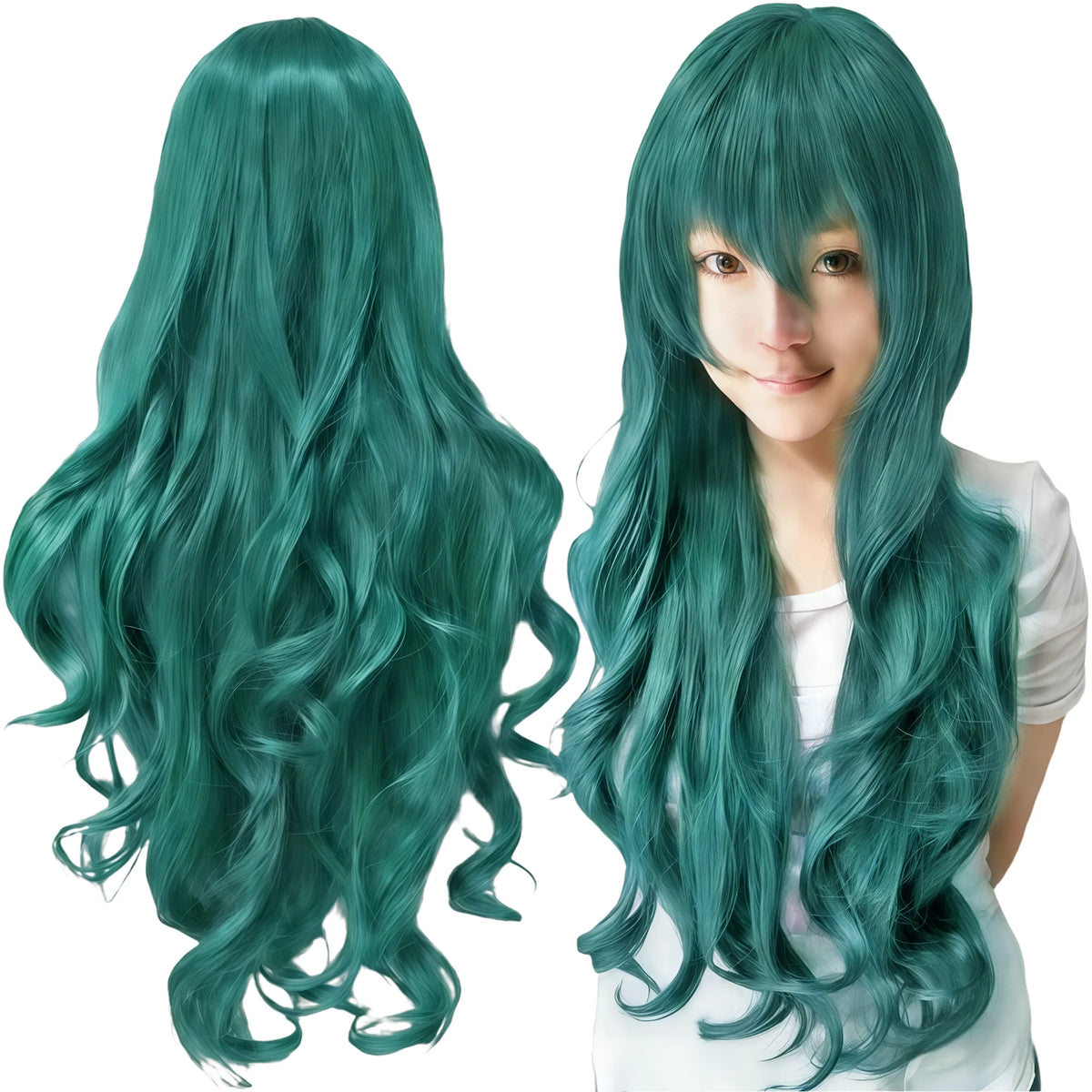 Forest Green Long Curly Wavy Cosplay Wig for Anime Costumes and Parties