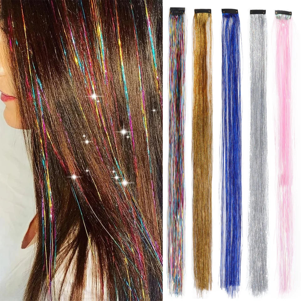 24-Inch Glitter Tinsel Clip-In Hair Extensions for Parties