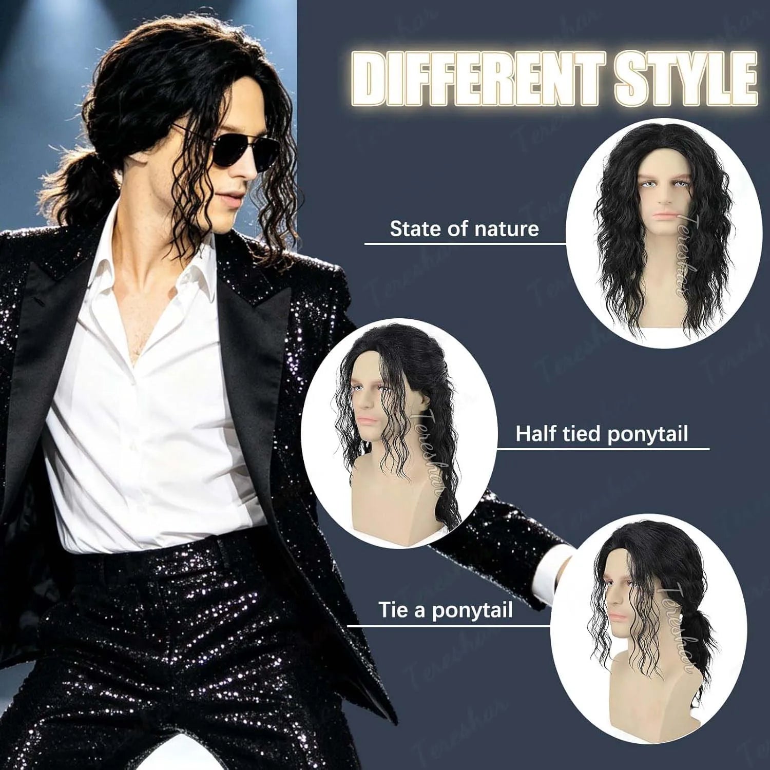 Long Black Curly Cosplay Wig for Men and Women Retro Costume Parties - 4