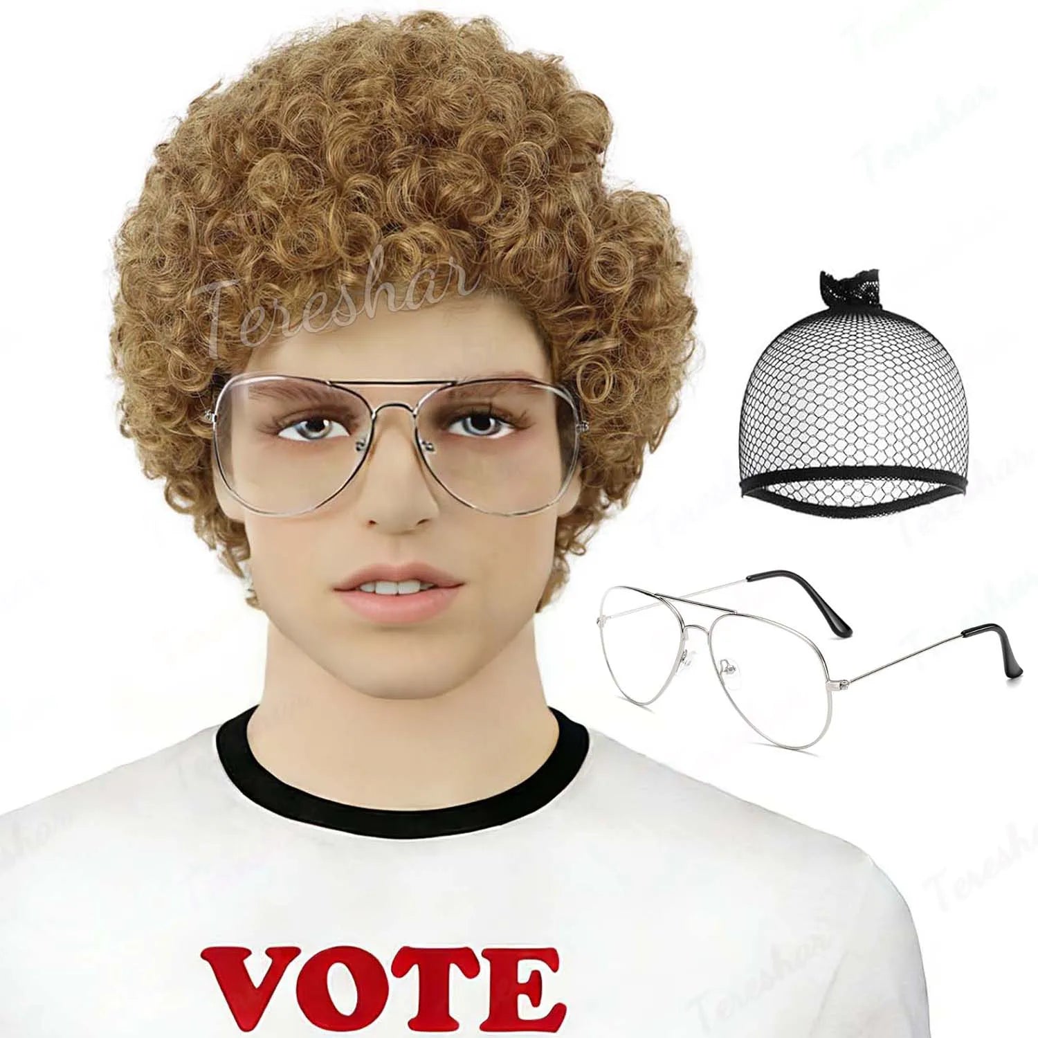 Short Brown Curly Afro Wig with Glasses for Men Costume and Cosplay - 7