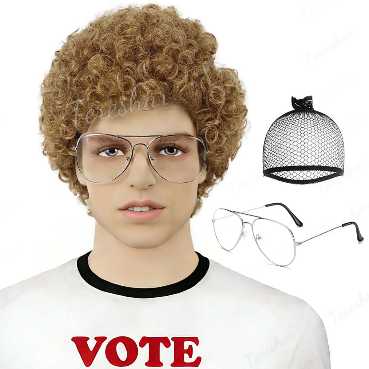 Short Brown Curly Afro Wig with Glasses for Men Costume and Cosplay
