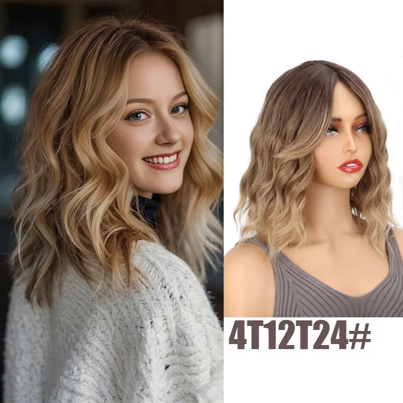Shoulder Length Wavy Brown Wig with Dark Roots for Daily Wear - 7