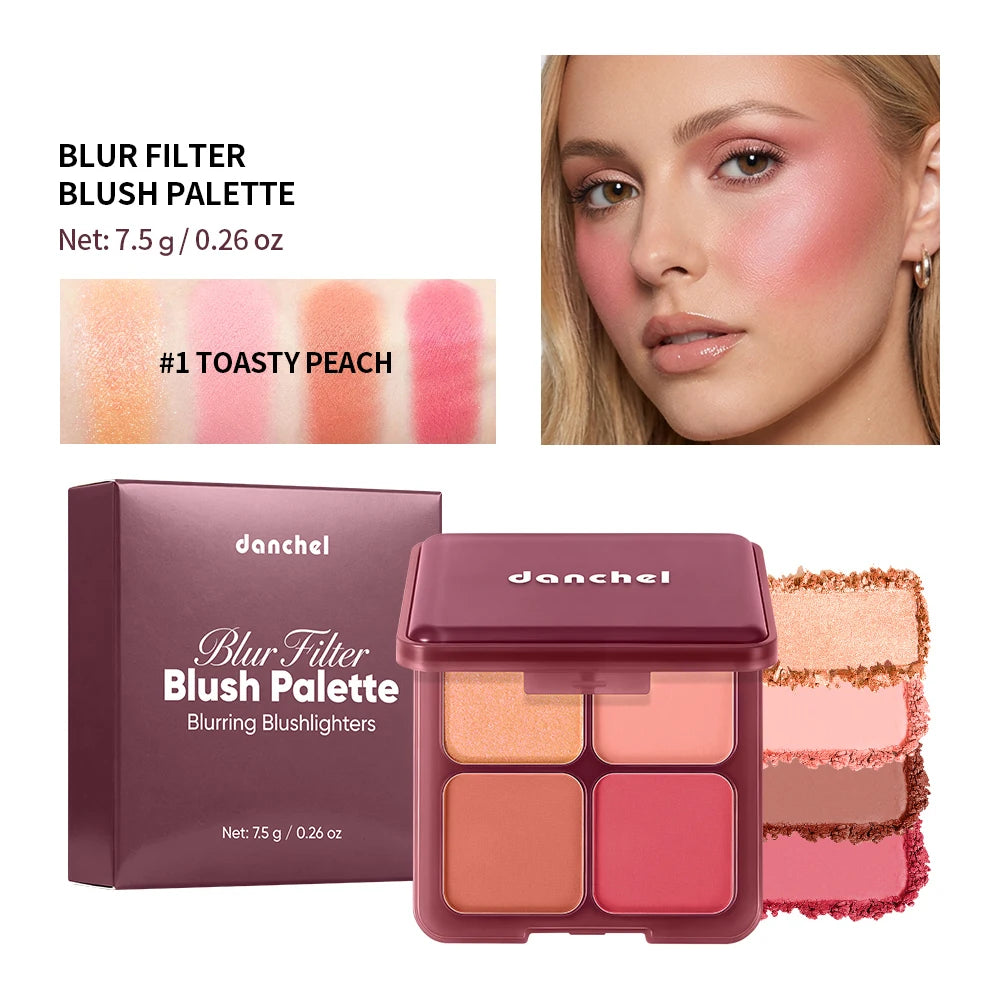 4-Shade Matte and Shimmer Blush Palette for Soft Focus Cheek Makeup