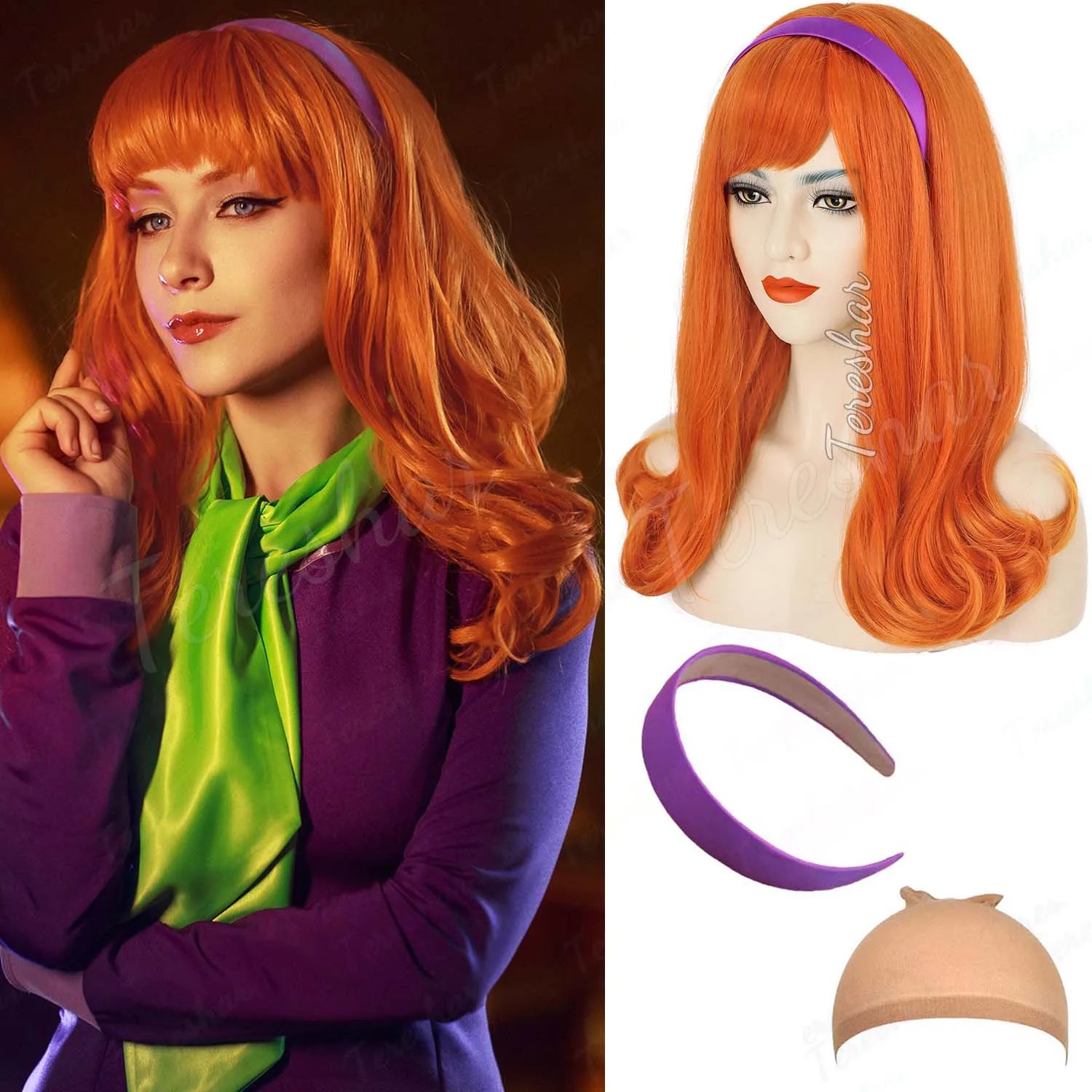 Long Wavy Orange Cosplay Wig with Purple Headband for Women - 12