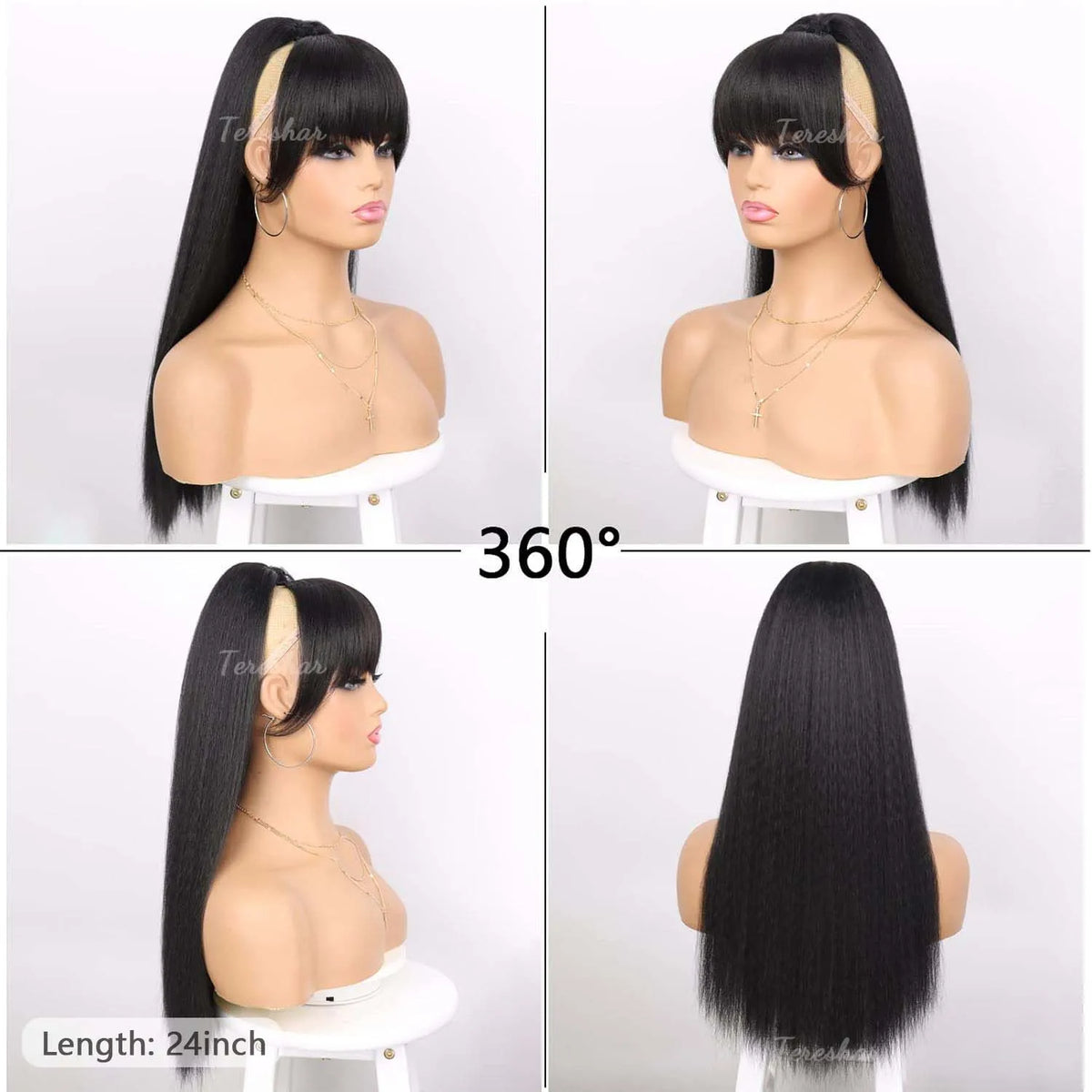 Long Yaki Straight Ponytail Extension with Bangs for Daily Hair Styling