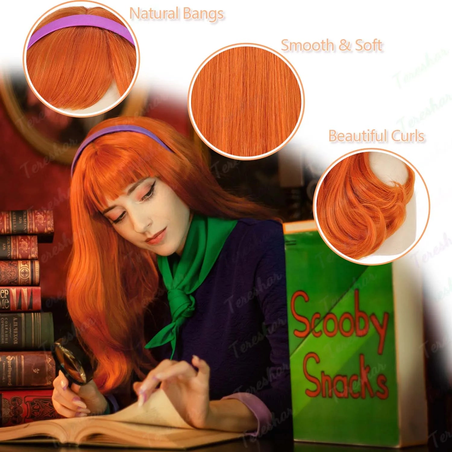 Long Wavy Orange Cosplay Wig with Purple Headband for Women - 9