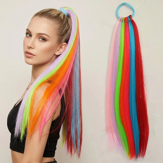 Colorful Rainbow Straight Ponytail Extension for Parties