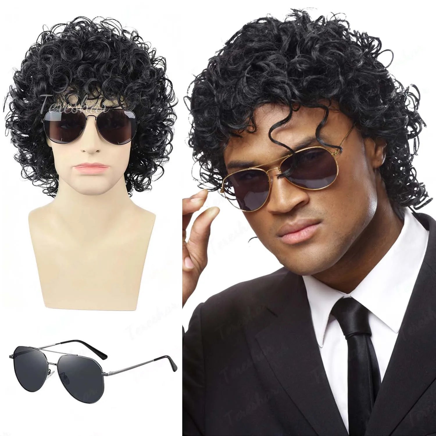 Black Curly Rocker Mullet Wig with Retro Glasses for Costume Parties - 13