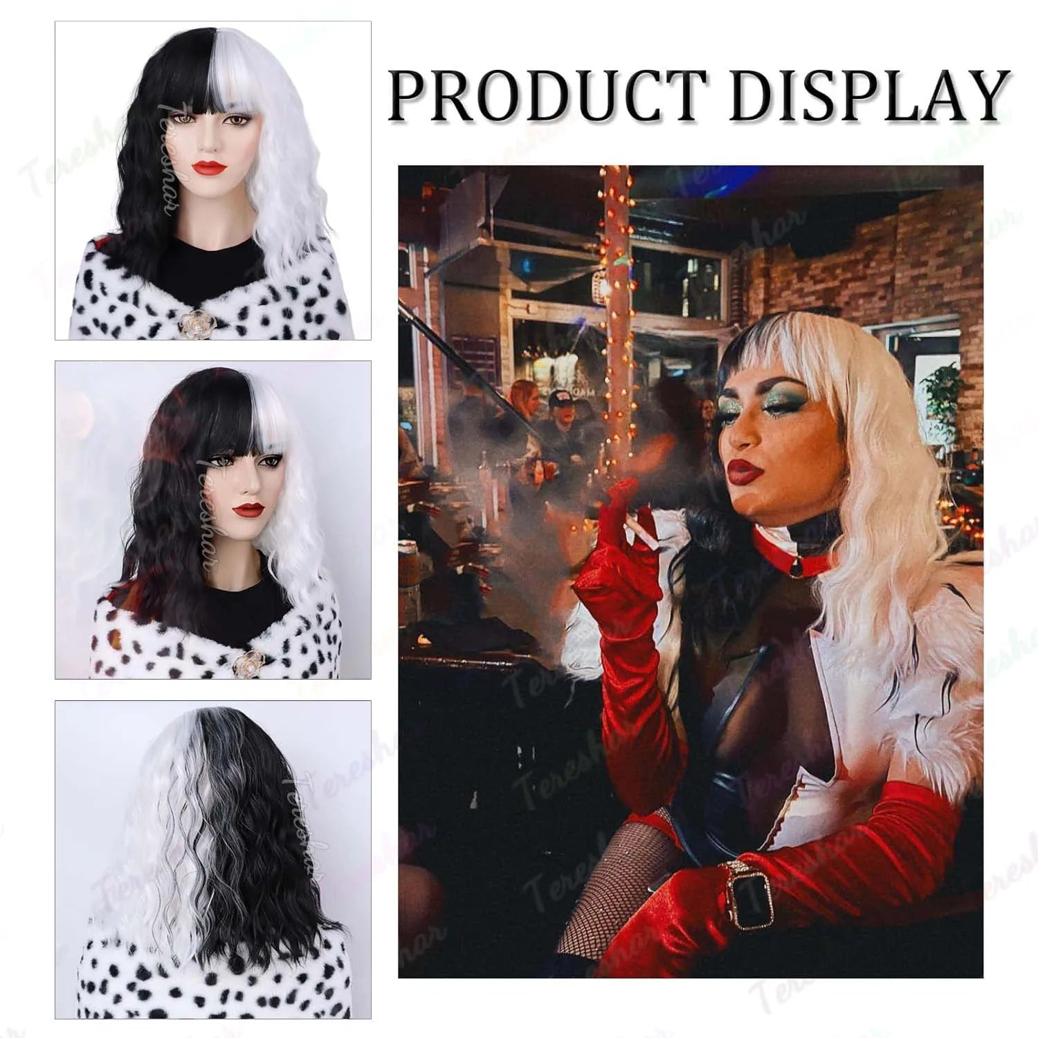 Black and White Wavy Cosplay Wig Set with Dalmatian Shawl and Accessories - 2