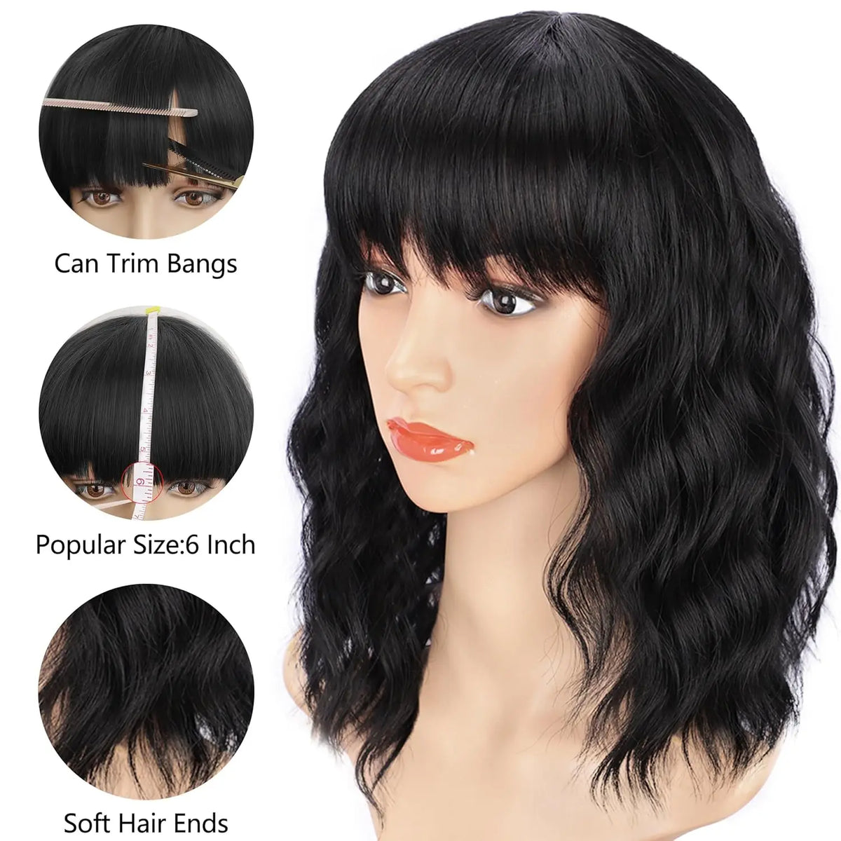 Short Curly Bob Wig with Natural Bangs for Women