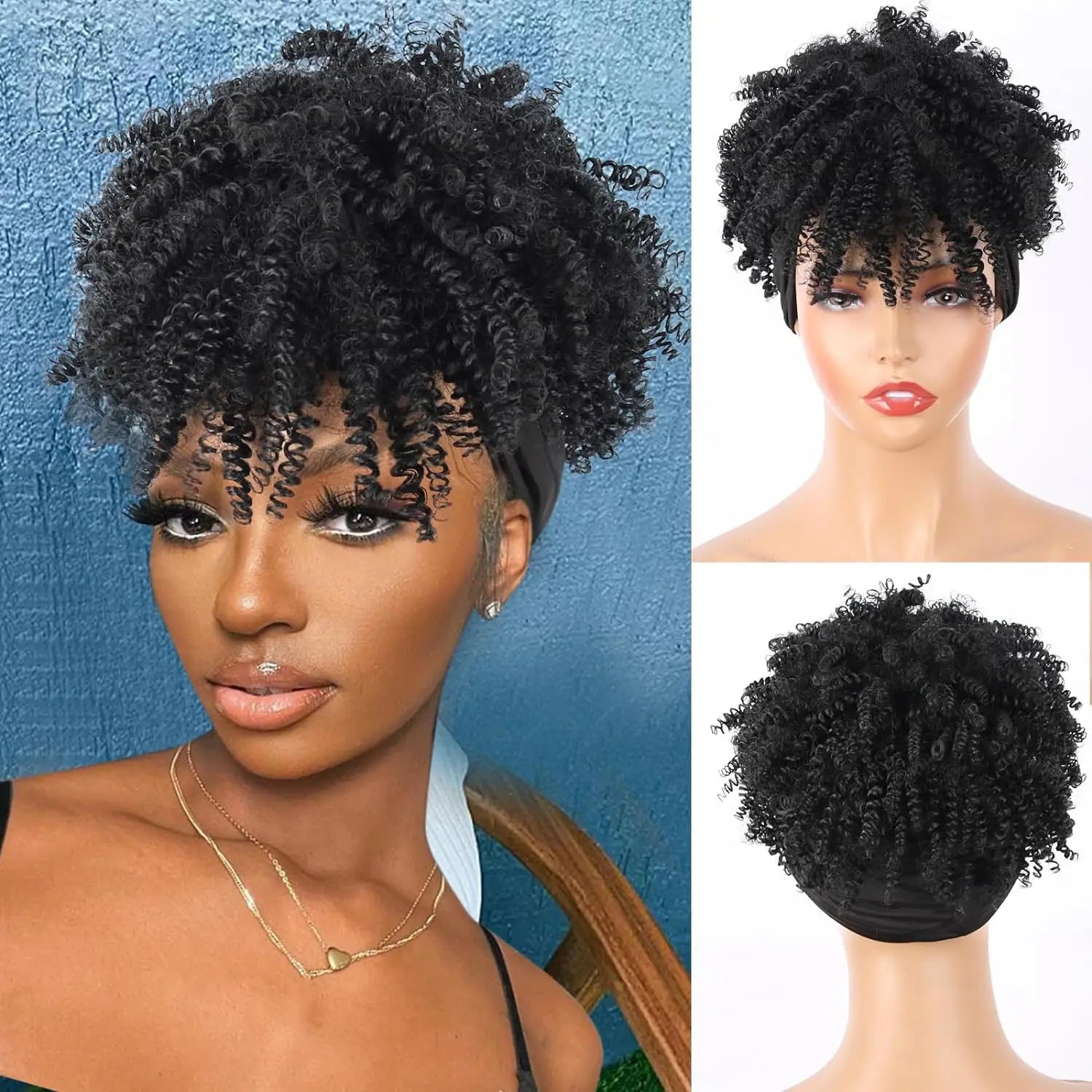 Short Curly Kinky Headband Wig for Women - 1