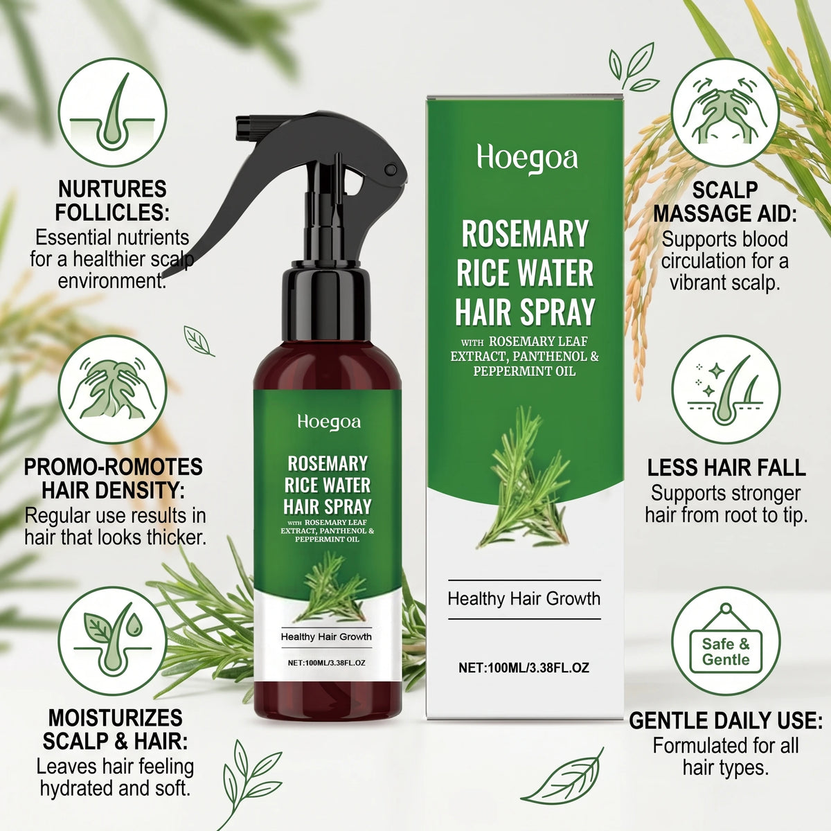 Rosemary Rice Water Hair Spray for Dry Frizzy Hair and Scalp Repair