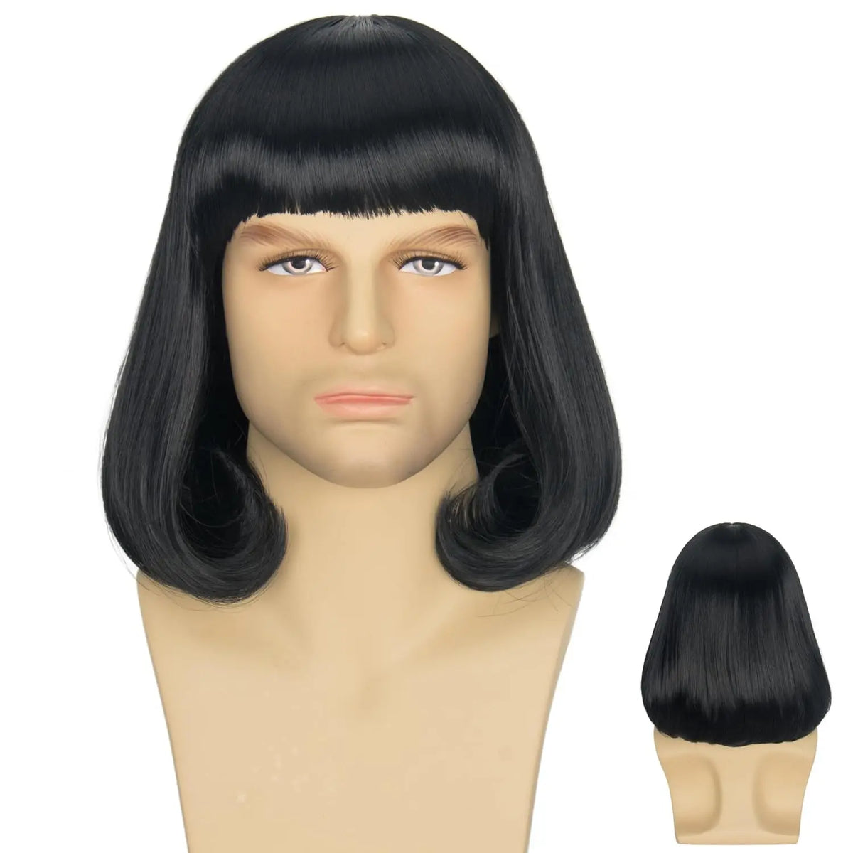 Short Black Bob Cosplay Wig with Bangs for Halloween and Costume Parties