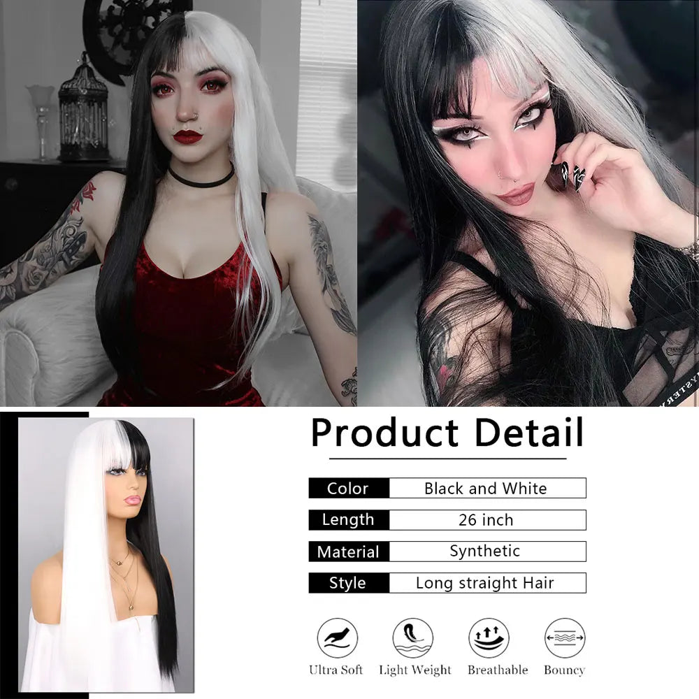Black and White Two-Tone Synthetic Wig for Cosplay and Party - 5
