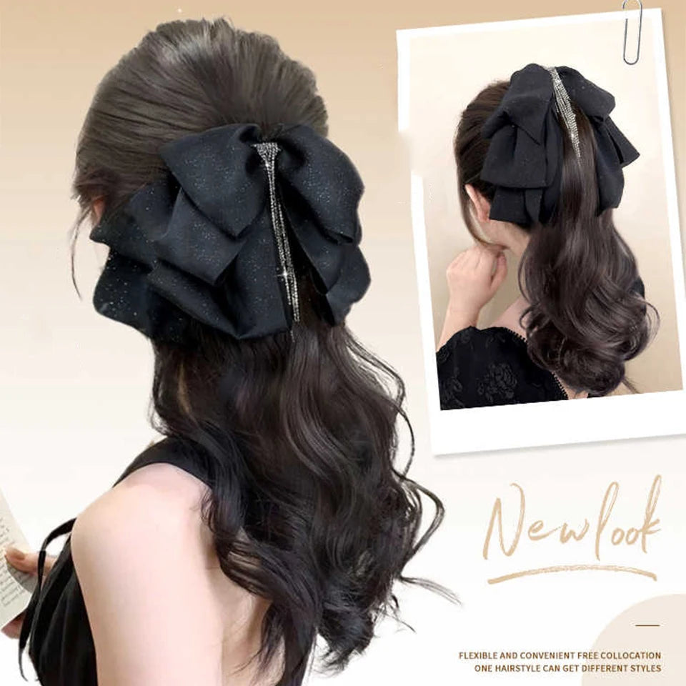 Wavy Bow Claw Clip Ponytail Extension for Effortless Volume