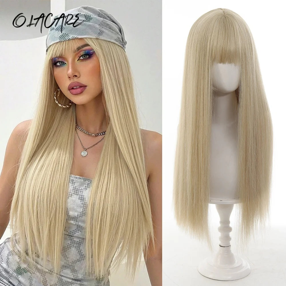 24 Inch Long Pink Cosplay Wig with Bangs - 56