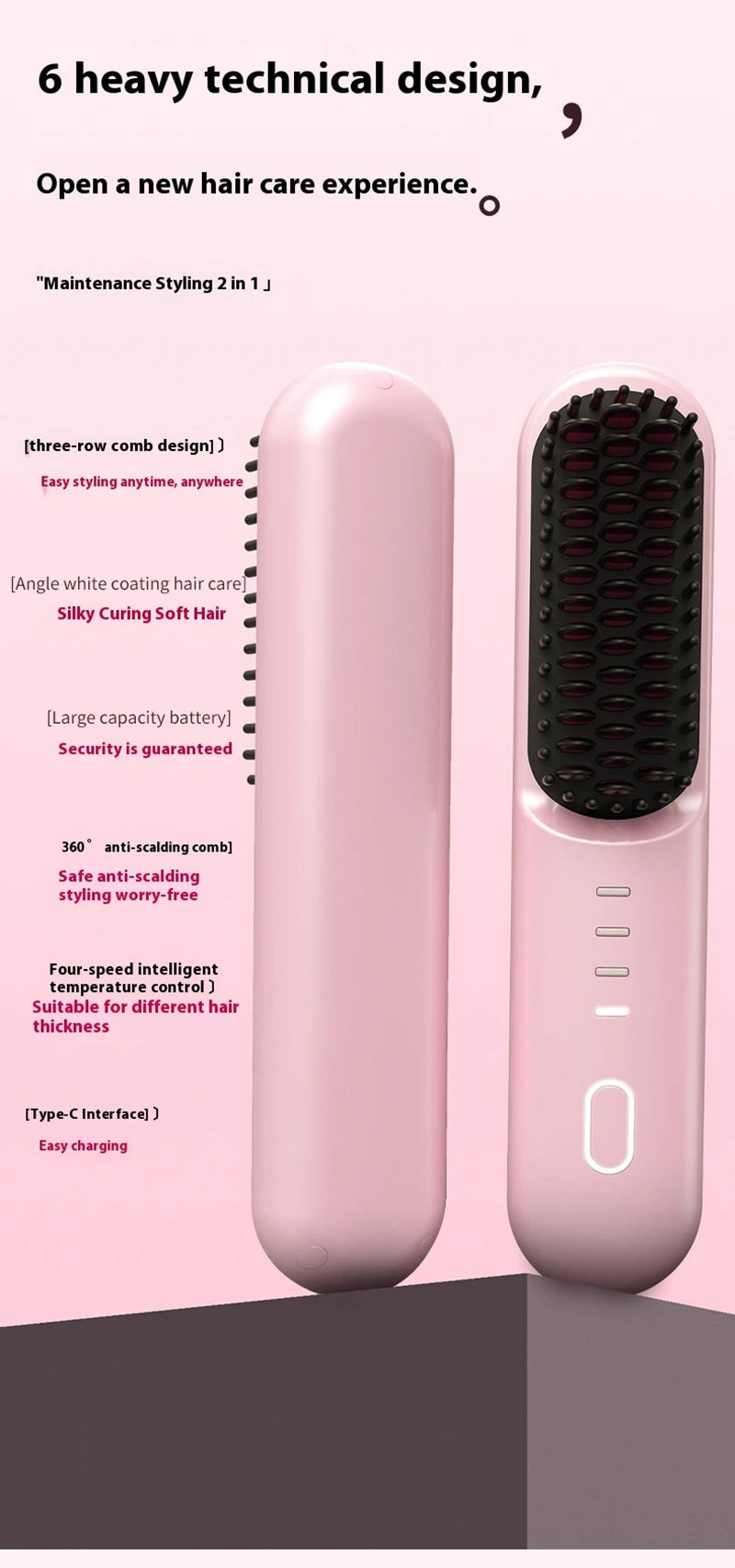Fast Heating Cordless Hair Straightening Brush for Smooth Frizz-Free Hair - 10