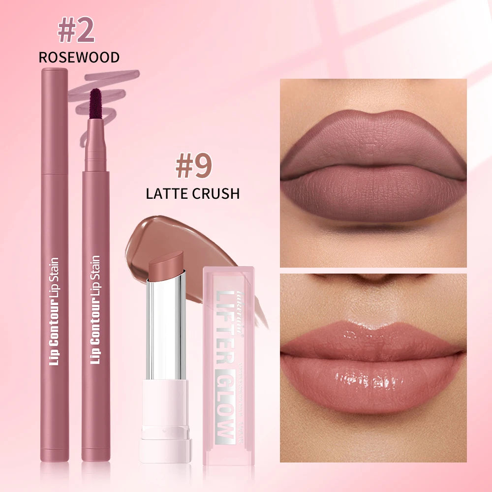 Long-Lasting Lip Contour Stain and Hydrating Glow Balm Makeup Kit - 8