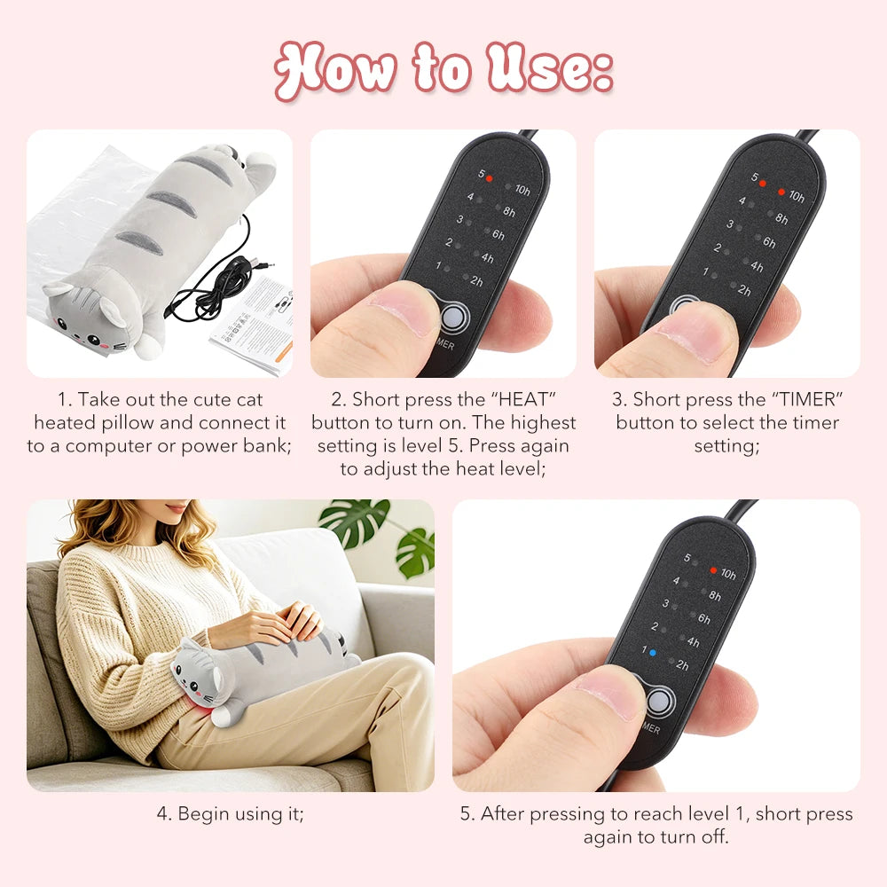 USB Heated Plush Cat Pillow for Menstrual Cramps and Back Pain Relief - 13
