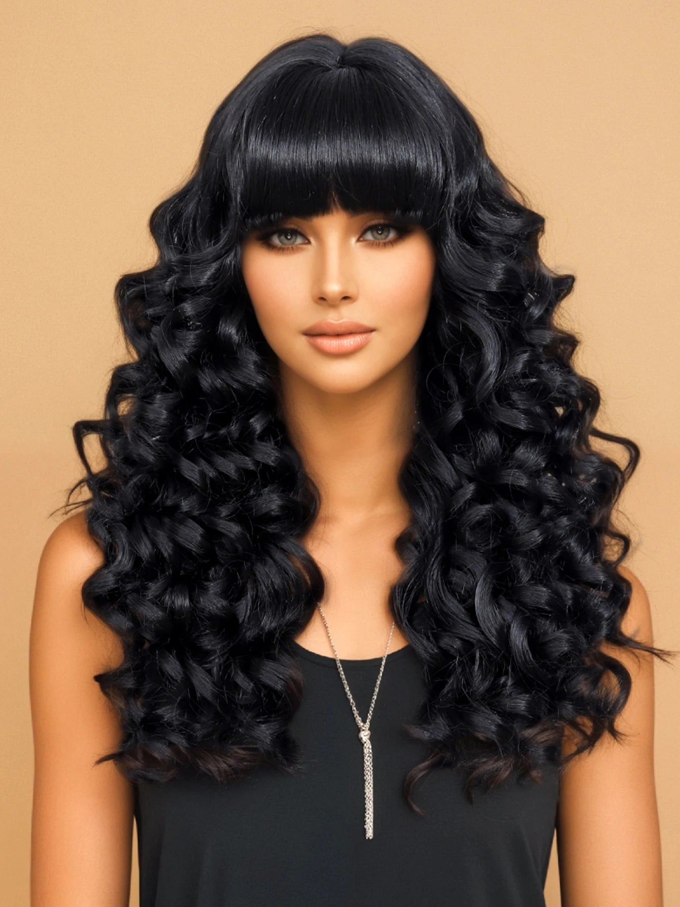 28-Inch Long Curly Synthetic Wig with Bangs - 1