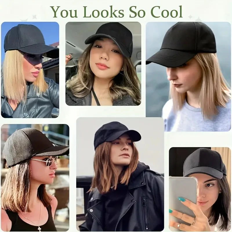 Adjustable Baseball Cap with Attached Long Straight Hair Extension