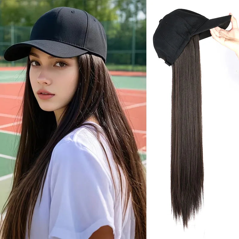 24-Inch Long Straight Hair Baseball Cap Wig for Effortless Style