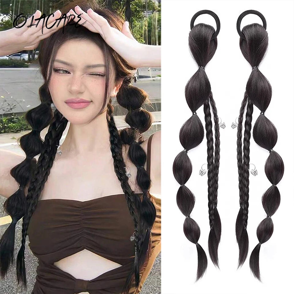 18-Inch Synthetic Bubble Braid Ponytail Extension with Rubber Band - 1