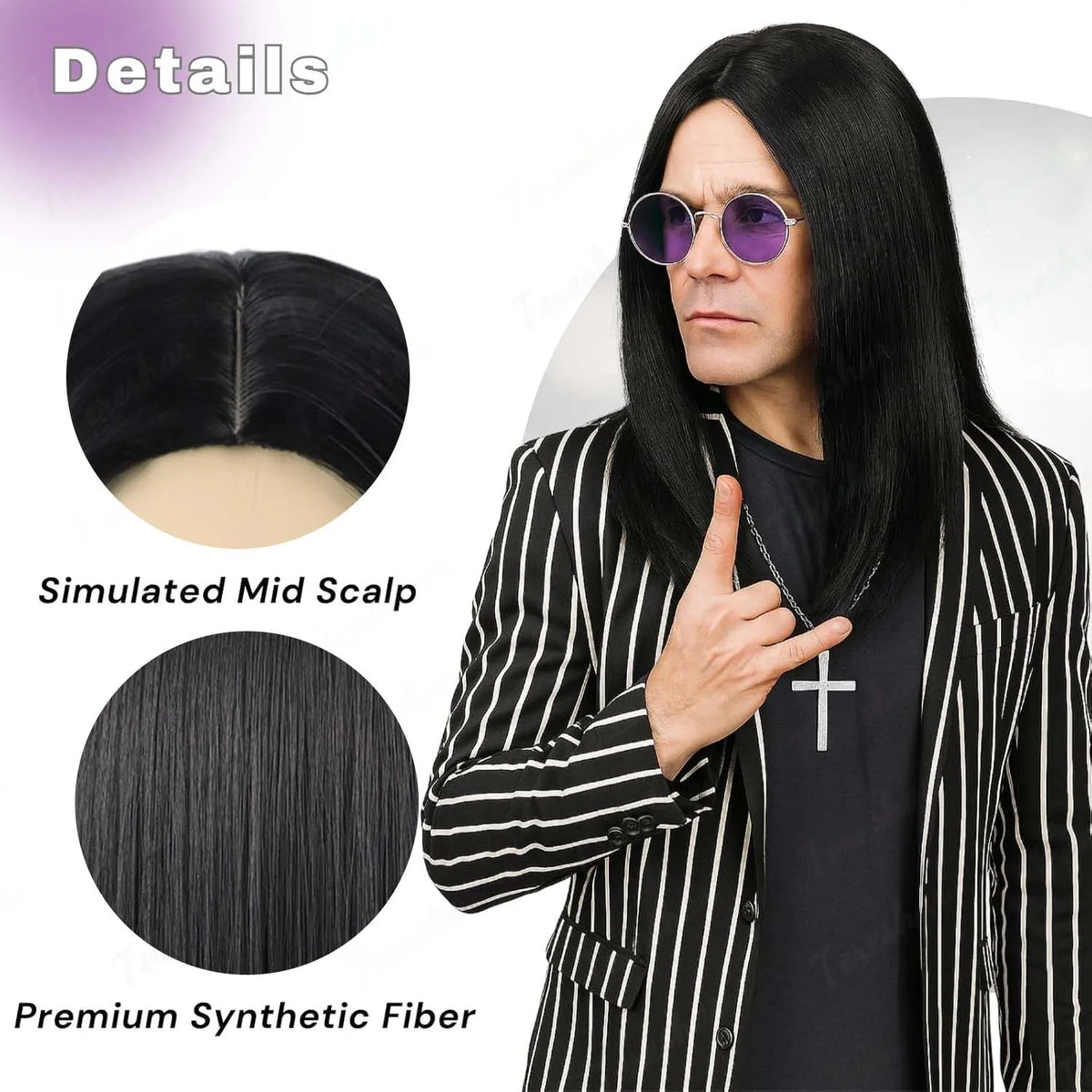 80s Heavy Metal Rocker Costume Wig Set with Glasses and Cross Necklace