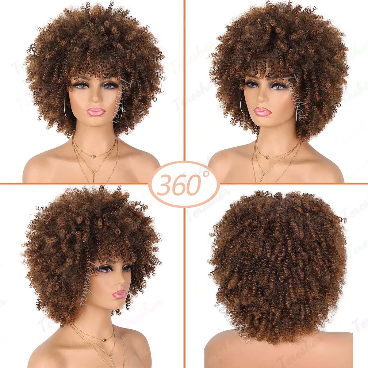 Short Afro Kinky Curly Synthetic Wig with Bangs for Daily Hair Styling