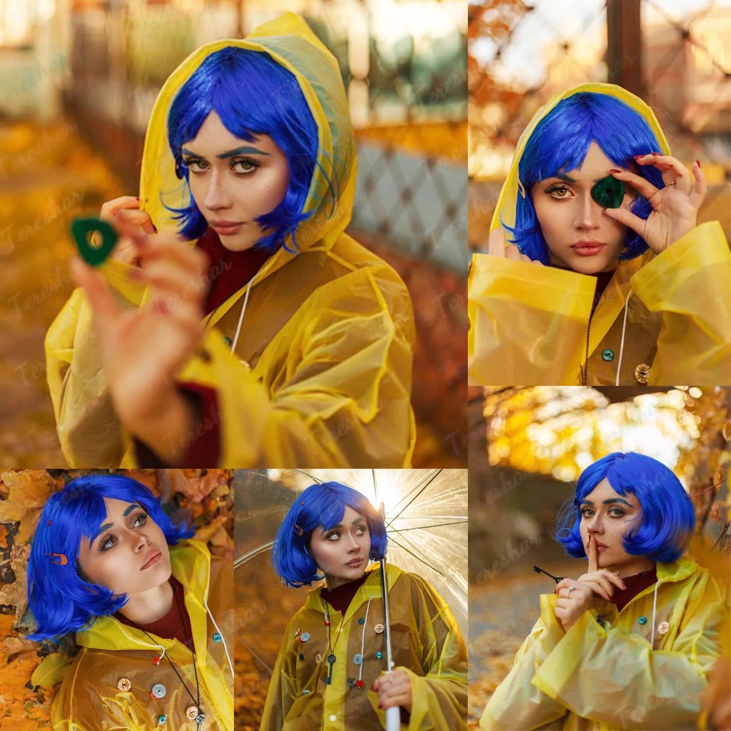 Dark Blue Bob Cosplay Wig Set with Dragonfly Hairpin and Key Necklace - 2
