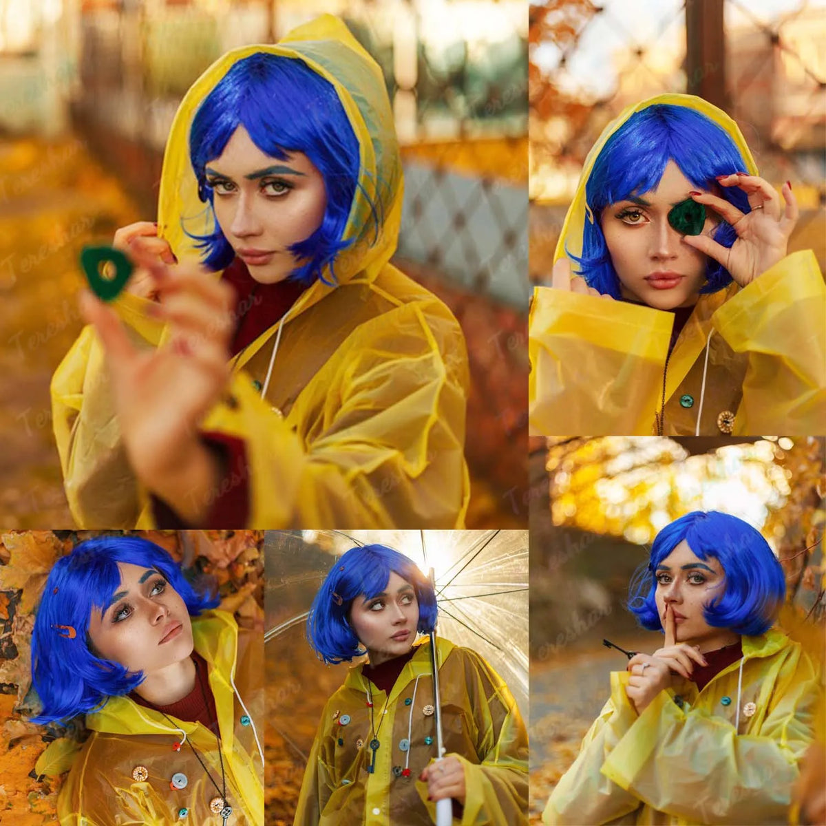 Dark Blue Bob Cosplay Wig Set with Dragonfly Hairpin and Key Necklace