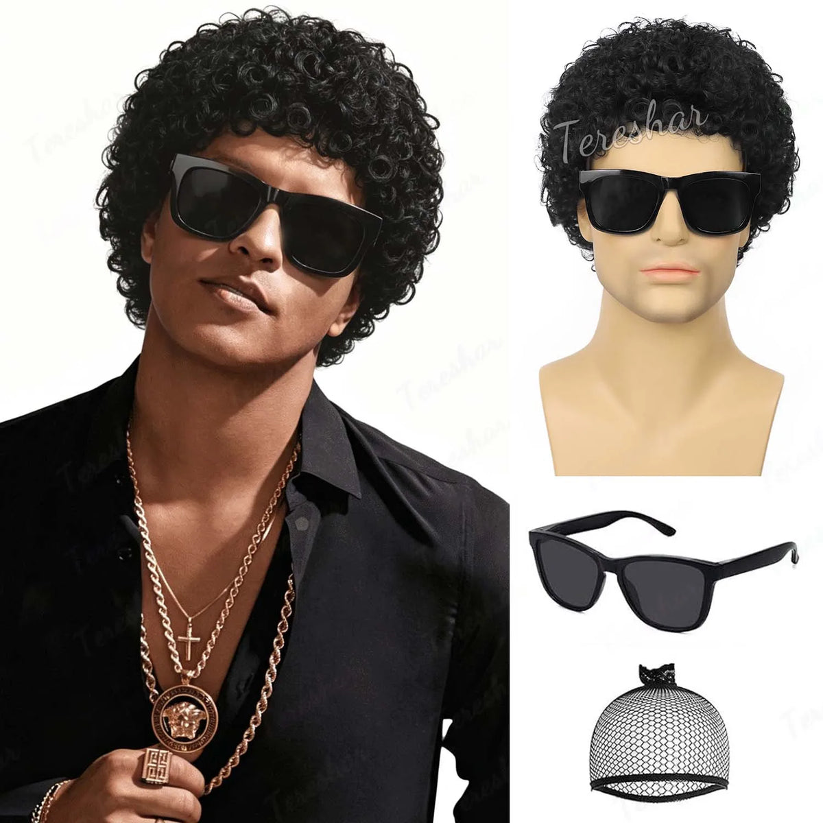 Short Curly Afro Wig with Sunglasses for Men Costume and Cosplay