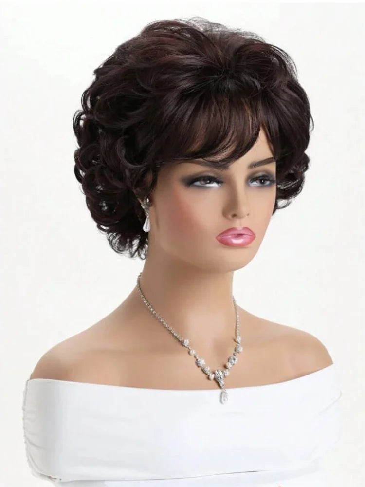 Short Curly Wavy Brown Wig with Bangs for Women