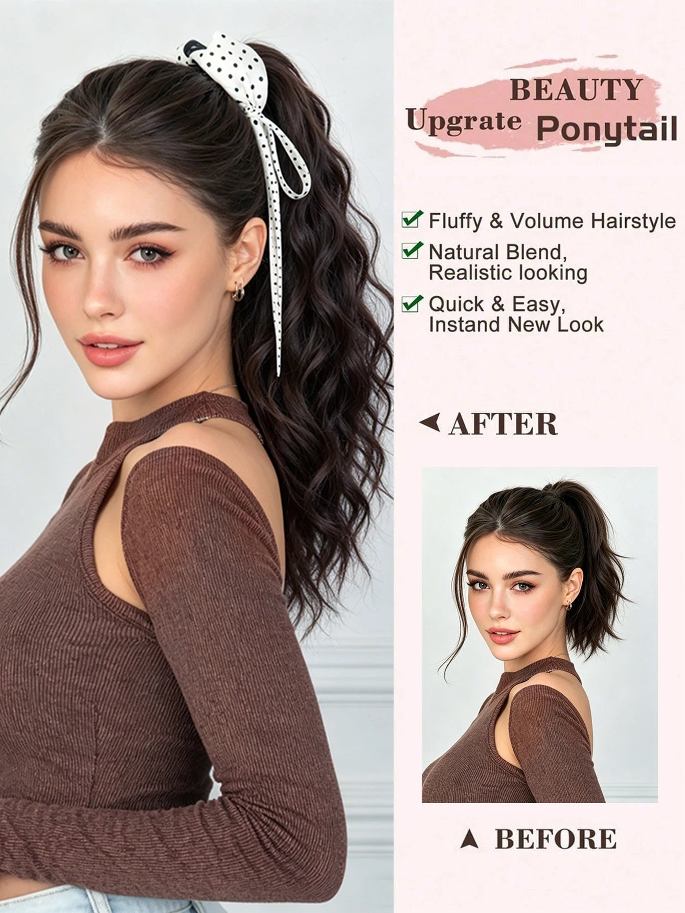 20-Inch Wavy Claw Clip Ponytail with Bow - 9