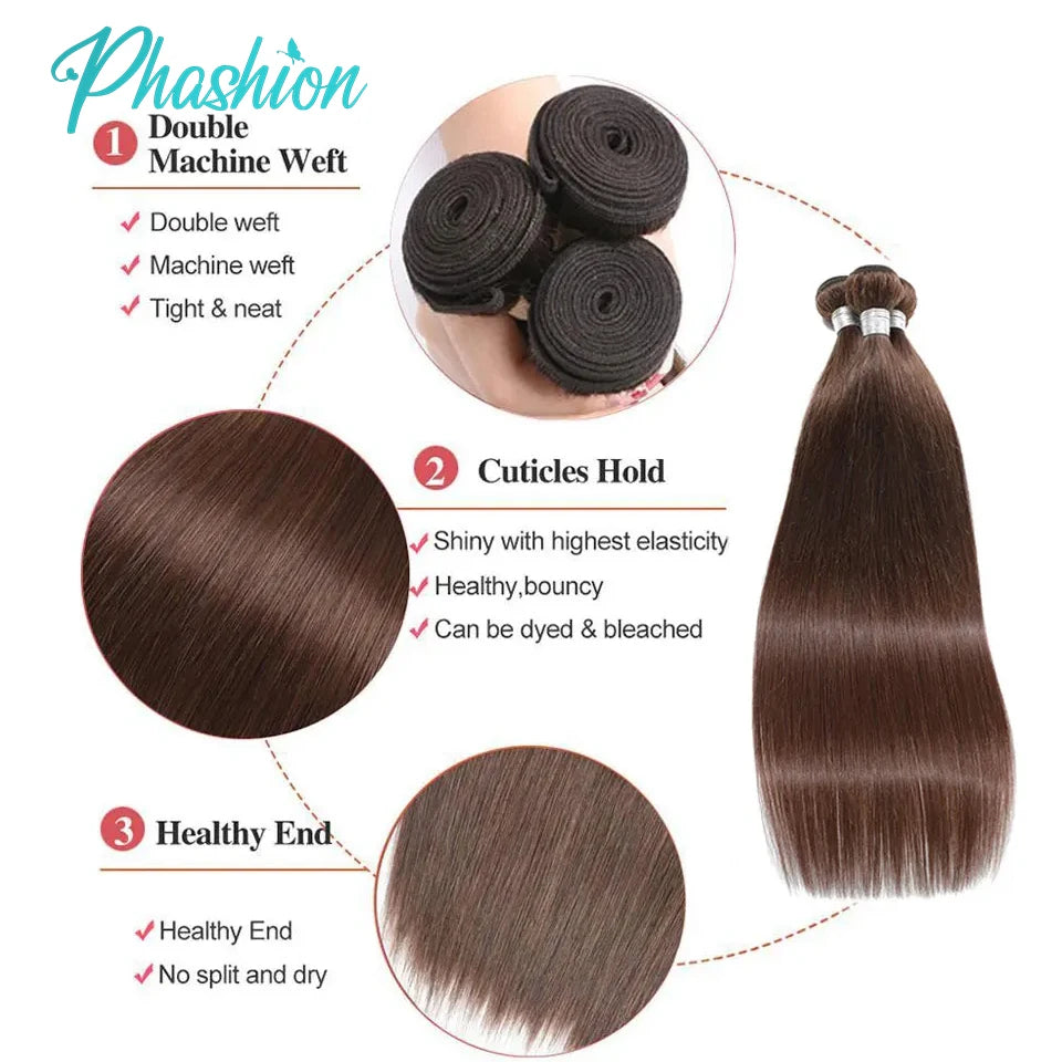 Silky Chocolate Brown Straight Human Hair Extensions - 4